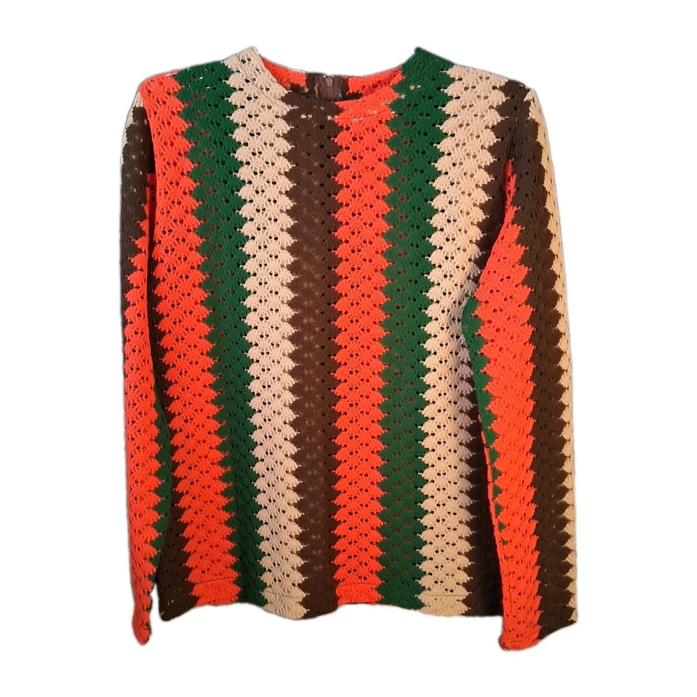 Vtg 70's Starlight Trading Women's Medium Japan Open Stitch Crochet Knit Shirt